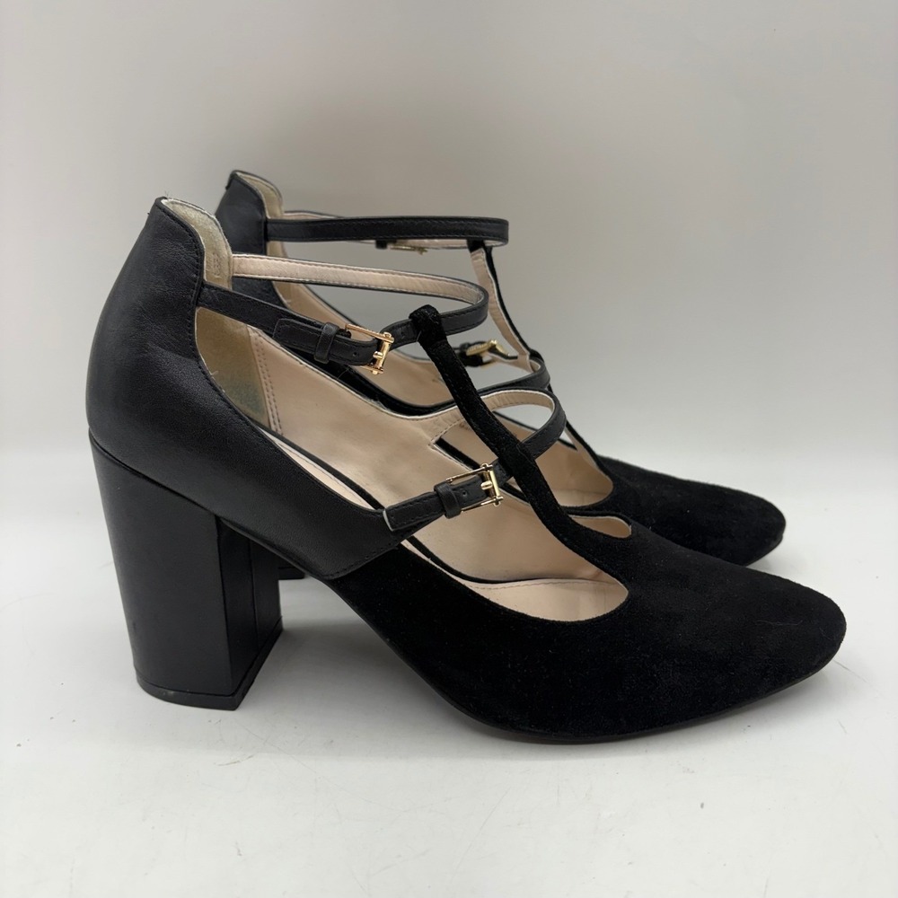 Cole Haan Grand OS Rheba T-Strap Pumps Black Leather Suede‎ Block Heel Womens 7B
